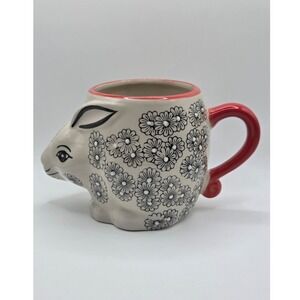 Yokohama Studio Bunny Rabbit Mug Floral Hand Painted Ceramic Red Cream Excellent